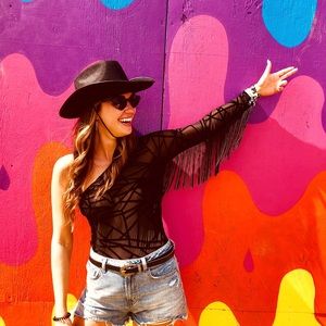 Shein one shoulder fringe bodysuit